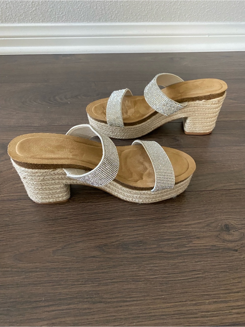 NWOT Madden Girl Silver Rhinestone Espadrille Wedge Sandals